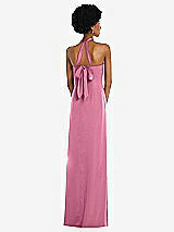 Rear View Thumbnail - Orchid Pink Draped Satin Grecian Column Gown with Convertible Straps