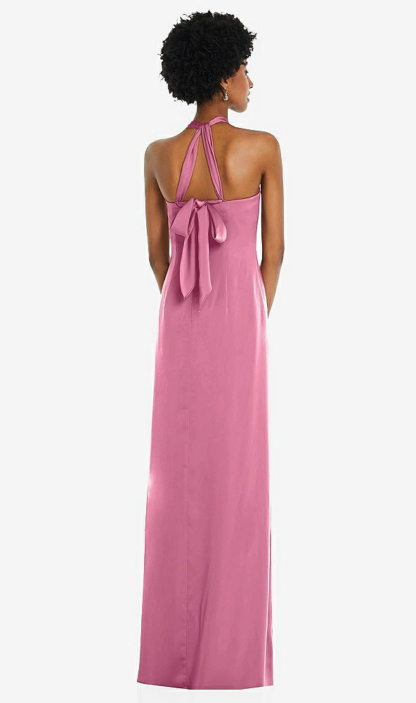 Back View - Orchid Pink Draped Satin Grecian Column Gown with Convertible Straps