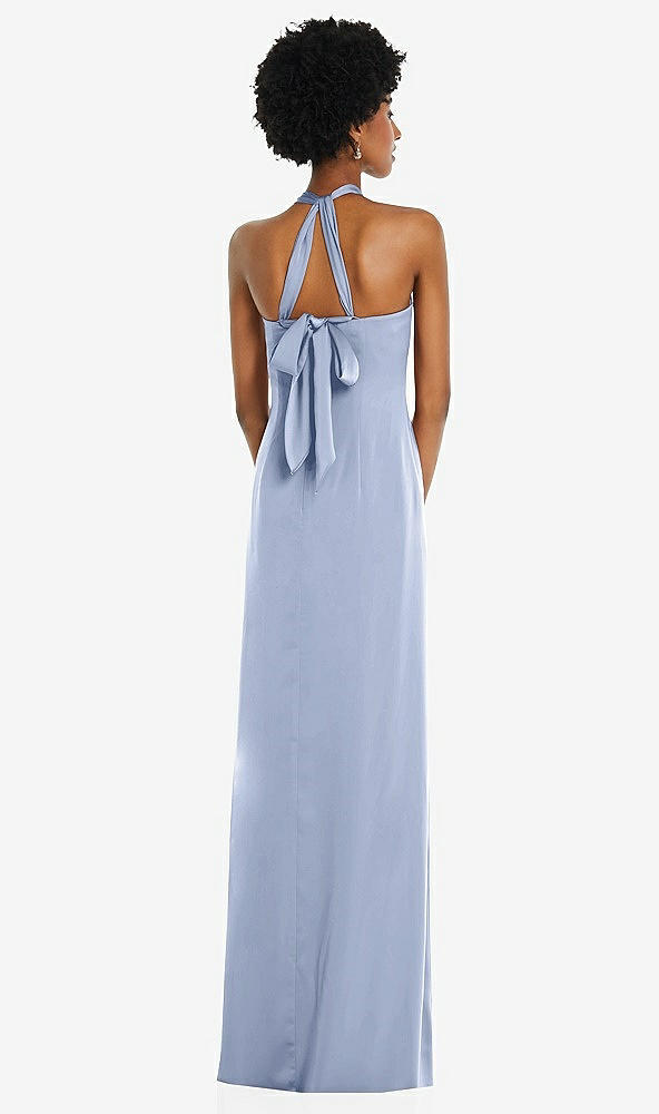 Back View - Sky Blue Draped Satin Grecian Column Gown with Convertible Straps