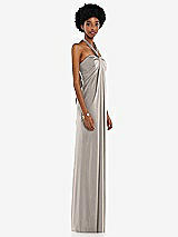 Side View Thumbnail - Taupe Draped Satin Grecian Column Gown with Convertible Straps