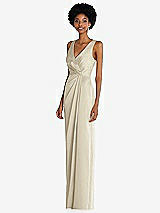 Side View Thumbnail - Champagne Faux Wrap Whisper Satin Maxi Dress with Draped Tulip Skirt