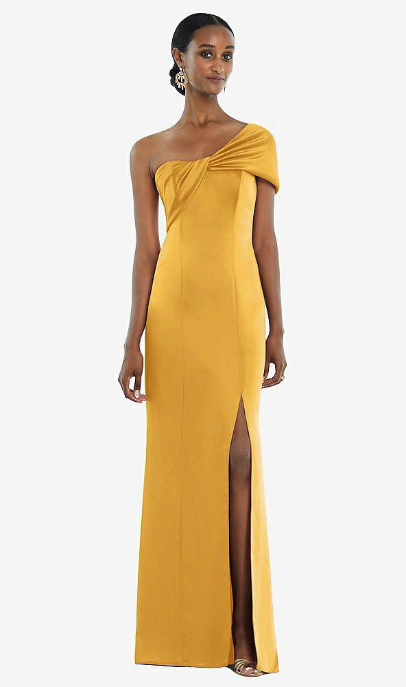 Front View - NYC Yellow Twist Cuff One-Shoulder Princess Line Trumpet Gown