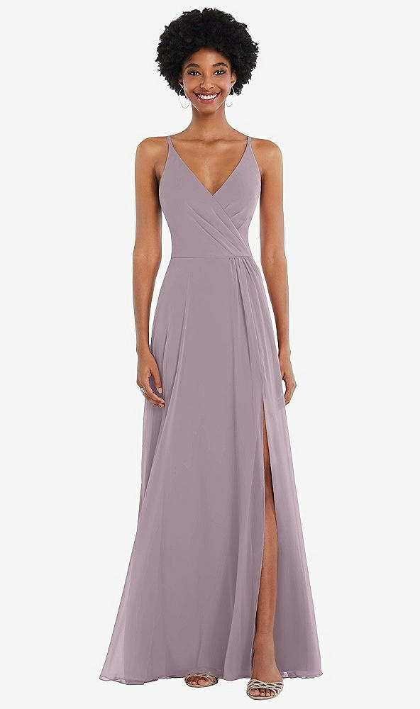 Front View - Lilac Dusk Faux Wrap Criss Cross Back Maxi Dress with Adjustable Straps