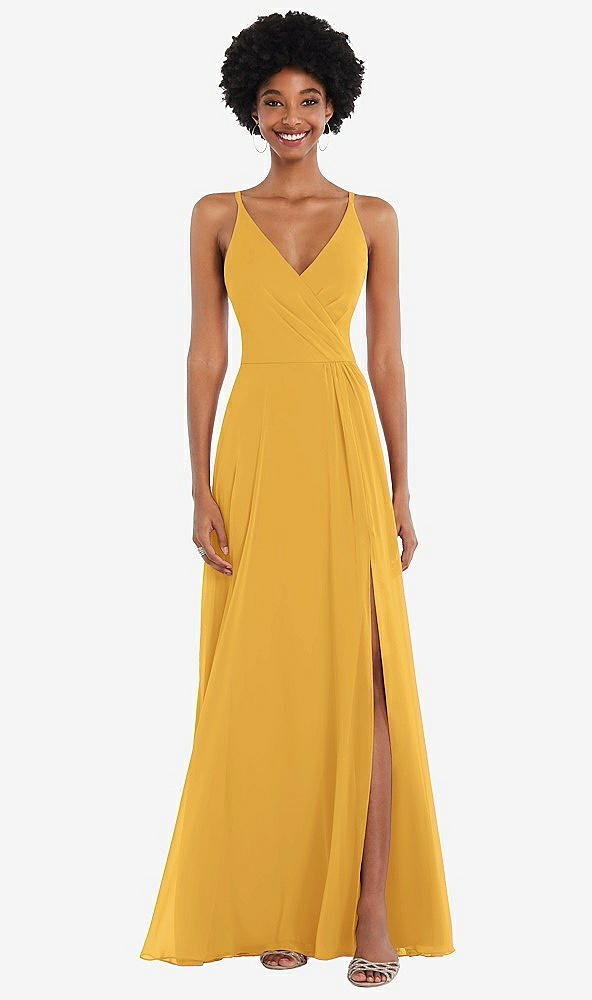 Front View - NYC Yellow Faux Wrap Criss Cross Back Maxi Dress with Adjustable Straps