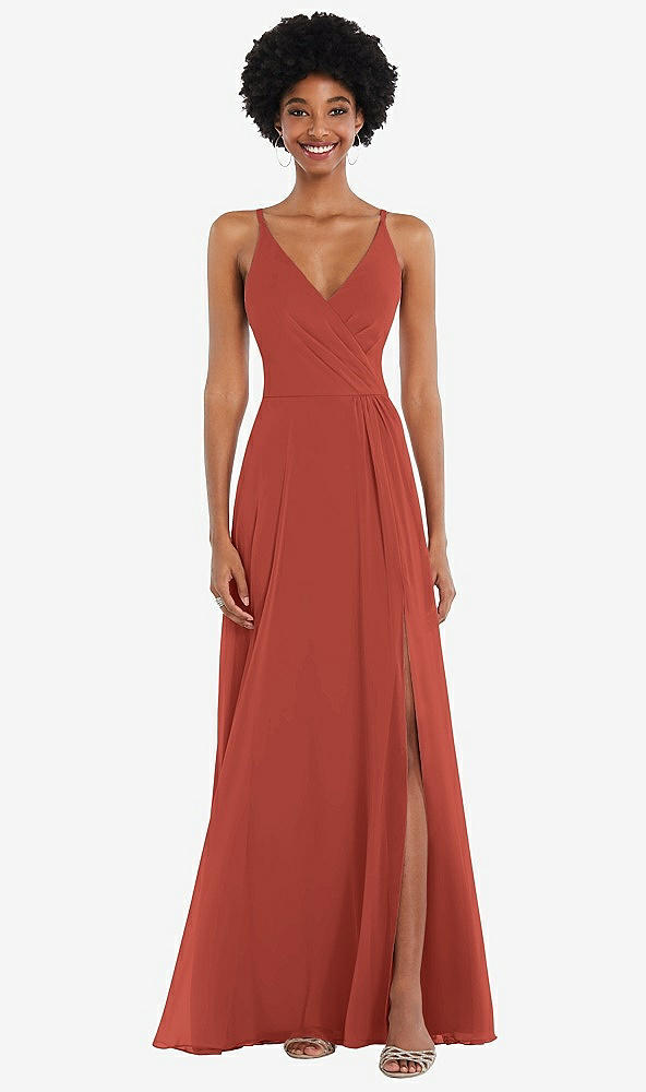 Front View - Amber Sunset Faux Wrap Criss Cross Back Maxi Dress with Adjustable Straps