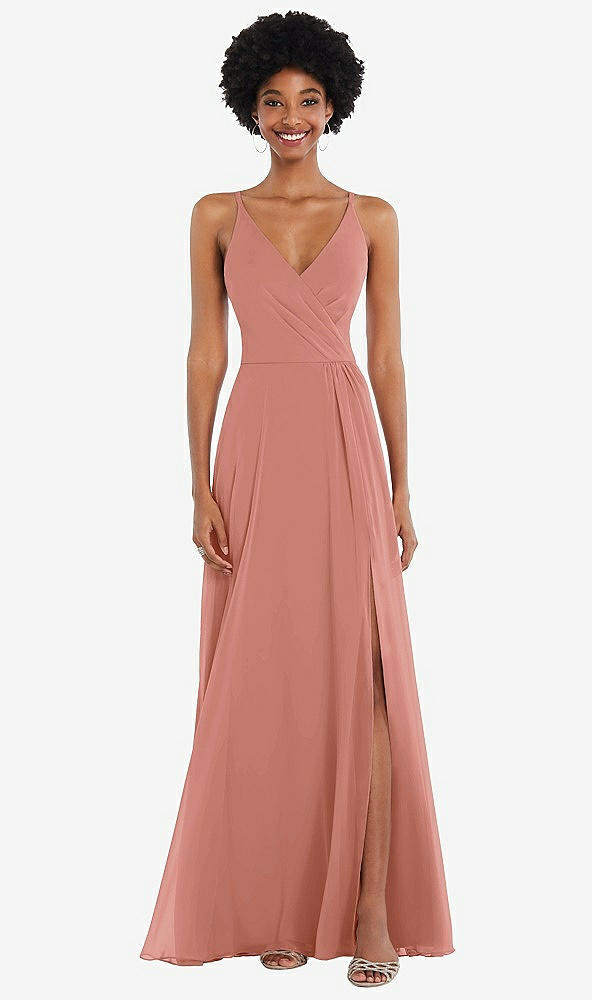Front View - Desert Rose Faux Wrap Criss Cross Back Maxi Dress with Adjustable Straps