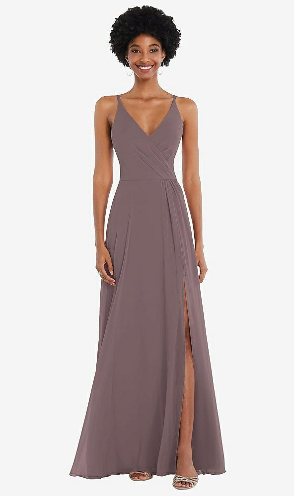 Front View - French Truffle Faux Wrap Criss Cross Back Maxi Dress with Adjustable Straps