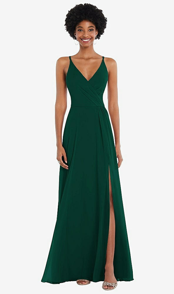 Front View - Hunter Green Faux Wrap Criss Cross Back Maxi Dress with Adjustable Straps