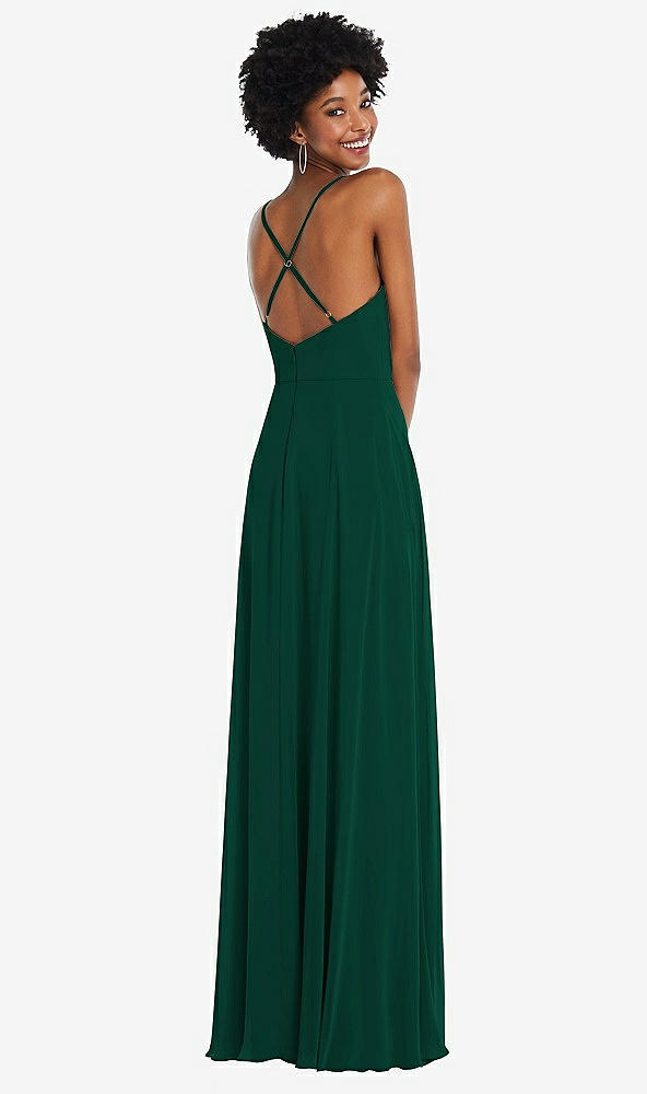 Back View - Hunter Green Faux Wrap Criss Cross Back Maxi Dress with Adjustable Straps