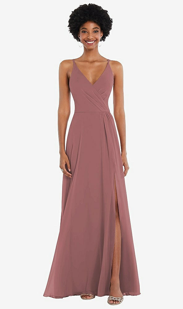 Front View - Rosewood Faux Wrap Criss Cross Back Maxi Dress with Adjustable Straps