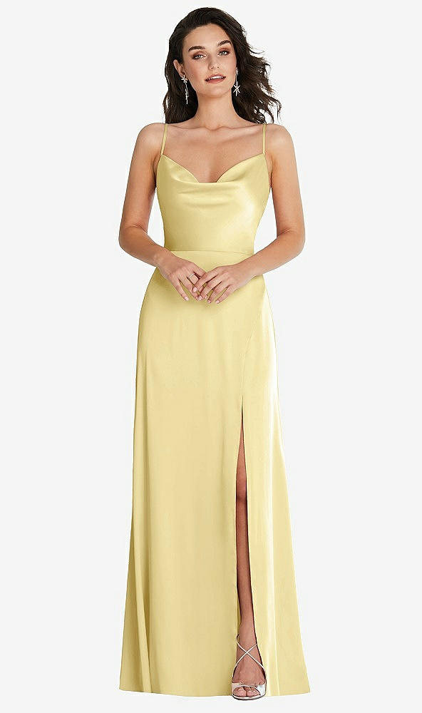 Front View - Pale Yellow Cowl-Neck A-Line Maxi Dress with Adjustable Straps