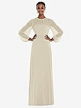 Alt View 1 Thumbnail - Champagne Strapless Chiffon Maxi Dress with Puff Sleeve Blouson Overlay 