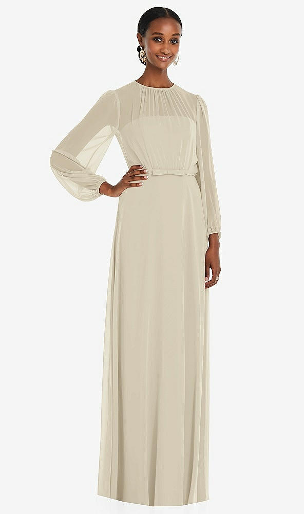Front View - Champagne Strapless Chiffon Maxi Dress with Puff Sleeve Blouson Overlay 