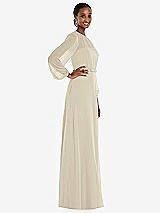 Side View Thumbnail - Champagne Strapless Chiffon Maxi Dress with Puff Sleeve Blouson Overlay 