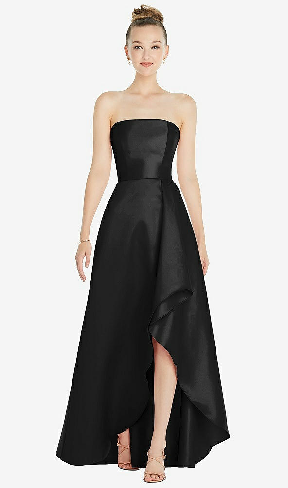 Front View - Black Strapless Satin Gown with Draped Front Slit and Pockets