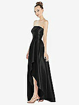 Side View Thumbnail - Black Strapless Satin Gown with Draped Front Slit and Pockets