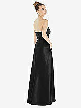 Rear View Thumbnail - Black Strapless Satin Gown with Draped Front Slit and Pockets