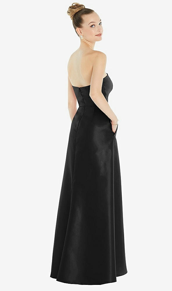 Back View - Black Strapless Satin Gown with Draped Front Slit and Pockets
