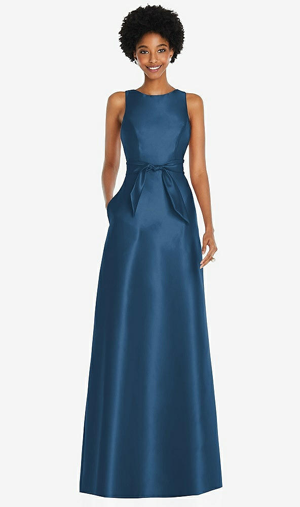 Front View - Dusk Blue Jewel-Neck V-Back Maxi Dress with Mini Sash