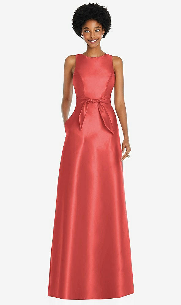 Front View - Perfect Coral Jewel-Neck V-Back Maxi Dress with Mini Sash