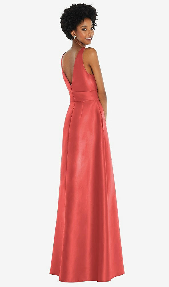 Back View - Perfect Coral Jewel-Neck V-Back Maxi Dress with Mini Sash