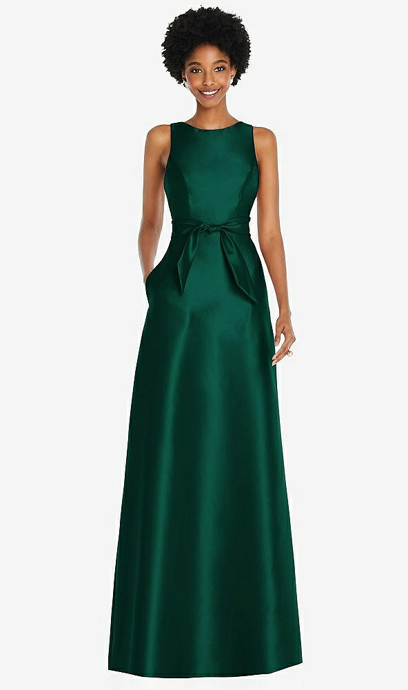 Front View - Hunter Green Jewel-Neck V-Back Maxi Dress with Mini Sash