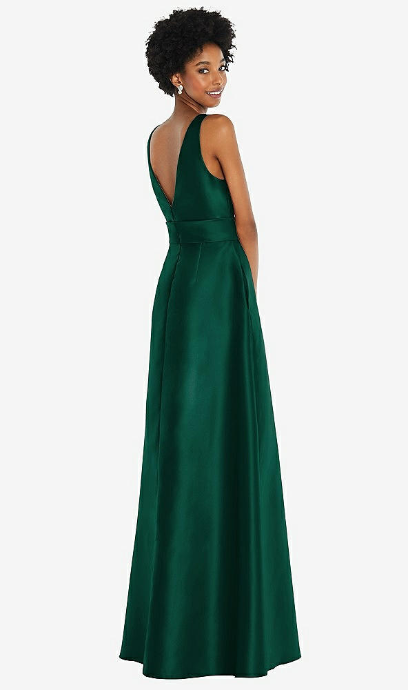 Back View - Hunter Green Jewel-Neck V-Back Maxi Dress with Mini Sash