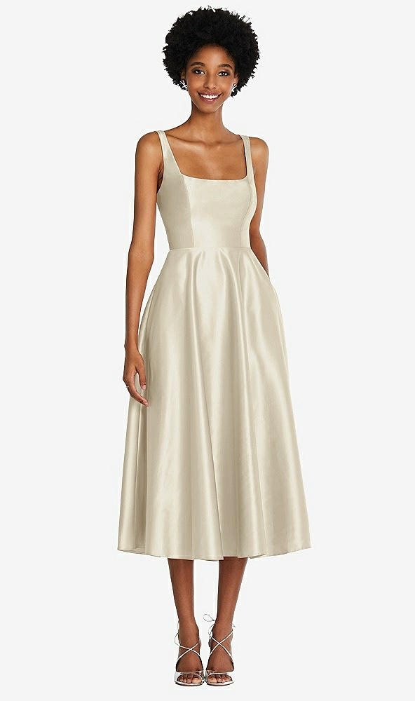 Front View - Champagne Square Neck Full Skirt Satin Midi Dress with Pockets