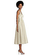 Side View Thumbnail - Champagne Square Neck Full Skirt Satin Midi Dress with Pockets