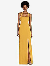 Front View Thumbnail - NYC Yellow Tie Halter Open Back Trumpet Gown 