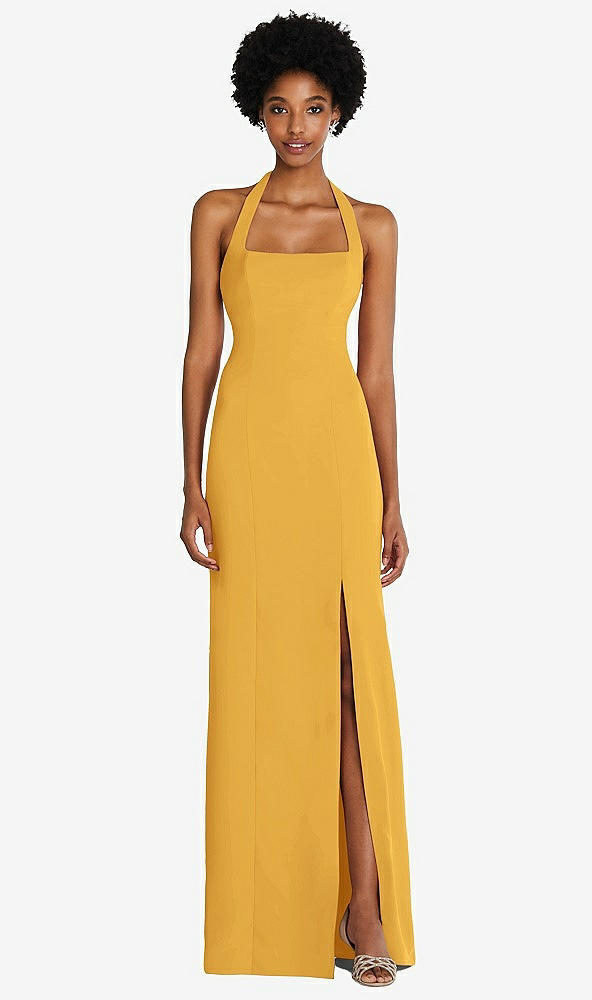 Front View - NYC Yellow Tie Halter Open Back Trumpet Gown 