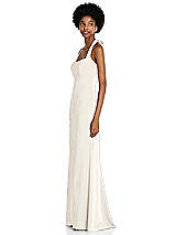 Side View Thumbnail - Ivory Tie Halter Open Back Trumpet Gown 