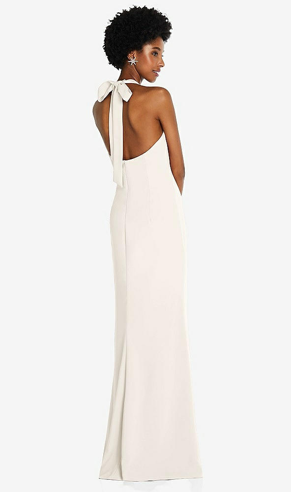 Back View - Ivory Tie Halter Open Back Trumpet Gown 