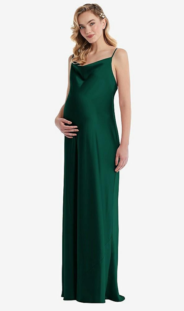 Front View - Hunter Green Cowl-Neck Tie-Strap Maternity Slip Dress