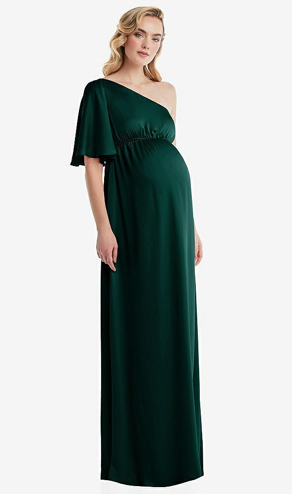 Front View - Evergreen One-Shoulder Flutter Sleeve Maternity Dress
