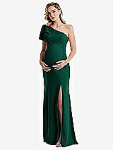 Front View Thumbnail - Hunter Green One-Shoulder Ruffle Sleeve Maternity Trumpet Gown