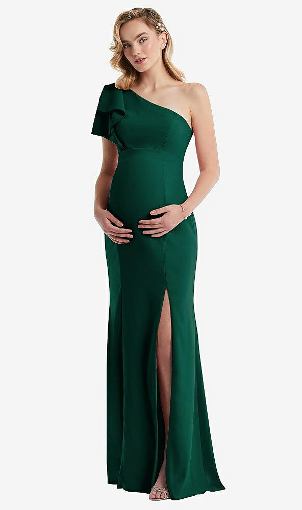 Front View - Hunter Green One-Shoulder Ruffle Sleeve Maternity Trumpet Gown