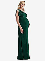 Side View Thumbnail - Hunter Green One-Shoulder Ruffle Sleeve Maternity Trumpet Gown