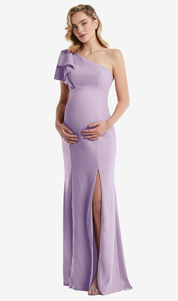 Front View - Pale Purple One-Shoulder Ruffle Sleeve Maternity Trumpet Gown