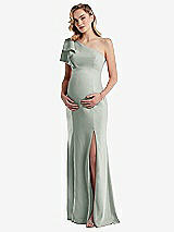 Front View Thumbnail - Willow Green One-Shoulder Ruffle Sleeve Maternity Trumpet Gown