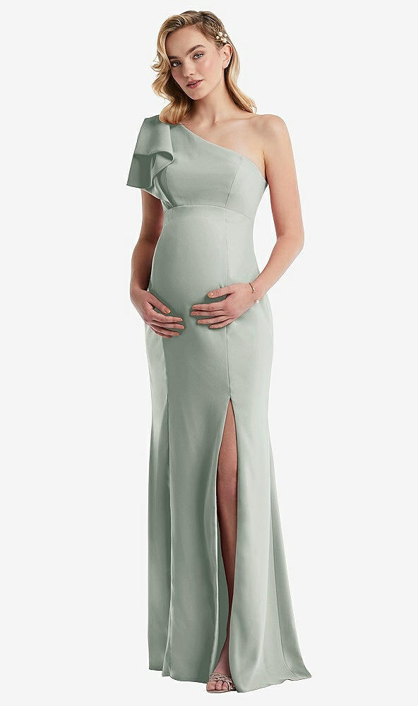 Front View - Willow Green One-Shoulder Ruffle Sleeve Maternity Trumpet Gown