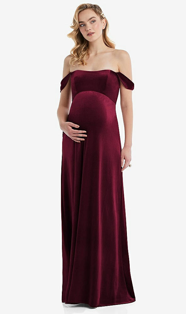 Front View - Cabernet Off-the-Shoulder Flounce Sleeve Velvet Maternity Dress