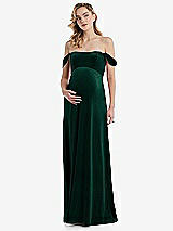 Front View Thumbnail - Evergreen Off-the-Shoulder Flounce Sleeve Velvet Maternity Dress