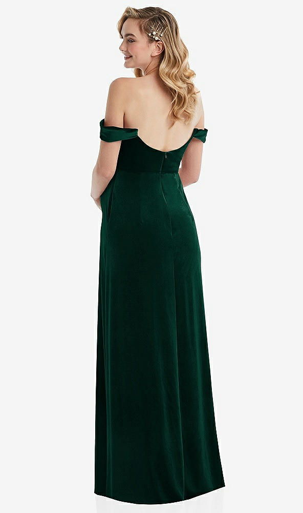 Back View - Evergreen Off-the-Shoulder Flounce Sleeve Velvet Maternity Dress