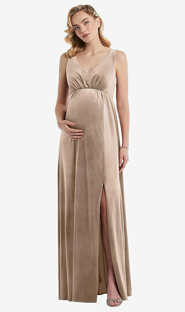 Front View - Topaz V-Neck Closed-Back Velvet Maternity Dress with Pockets