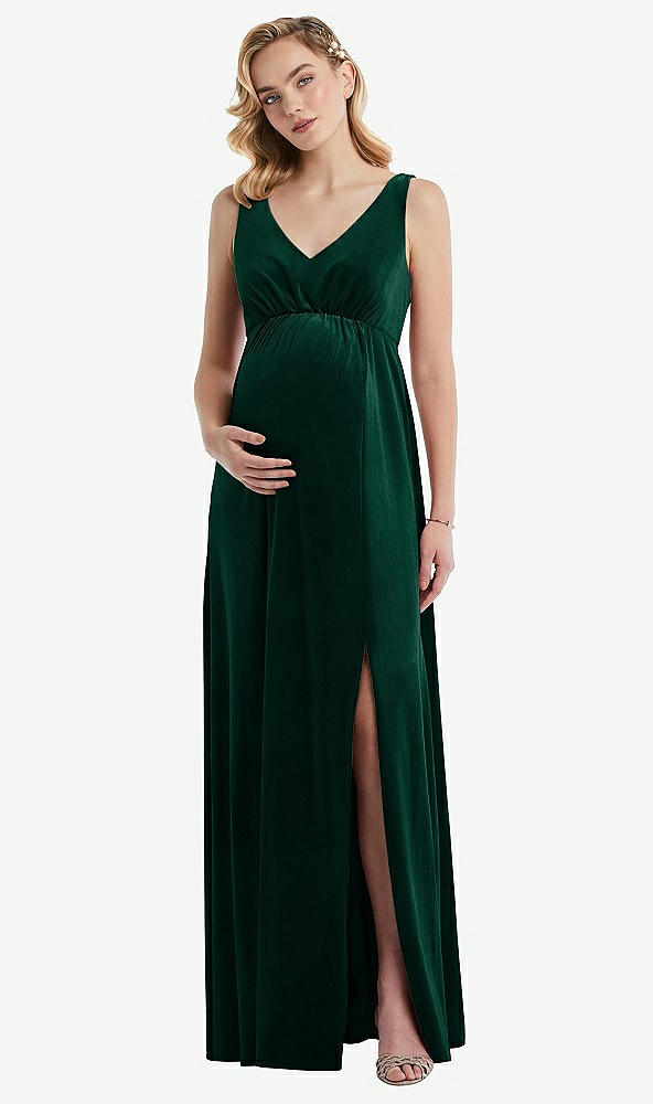 Front View - Evergreen V-Neck Closed-Back Velvet Maternity Dress with Pockets