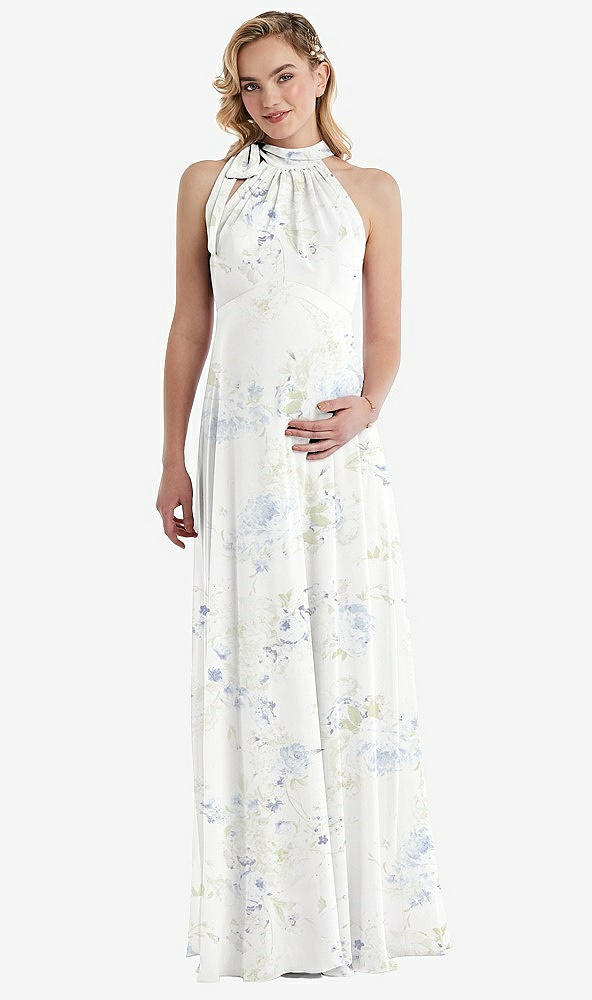 Front View - Bleu Garden Scarf Tie High Neck Halter Chiffon Maternity Dress