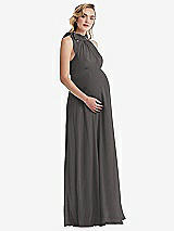 Side View Thumbnail - Caviar Gray Scarf Tie High Neck Halter Chiffon Maternity Dress
