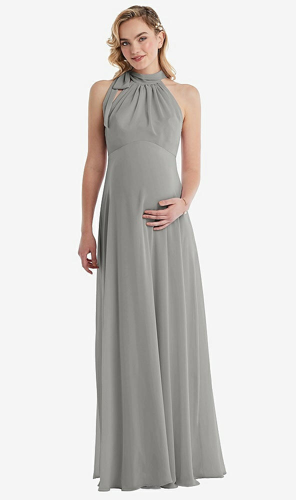 Front View - Chelsea Gray Scarf Tie High Neck Halter Chiffon Maternity Dress