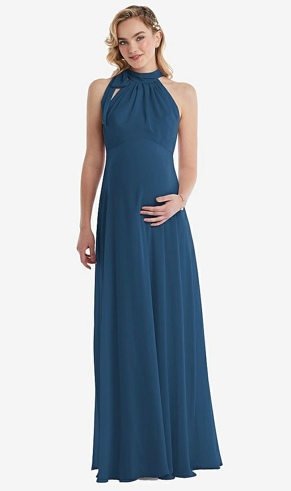 Front View - Dusk Blue Scarf Tie High Neck Halter Chiffon Maternity Dress